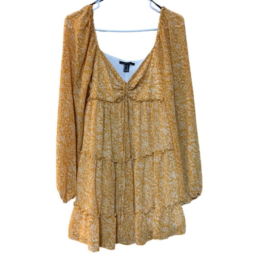 Forever 21 Yellow Floral Tiered Long Sleeve  Mini‎ Dress Medium Milkmaid Peasant